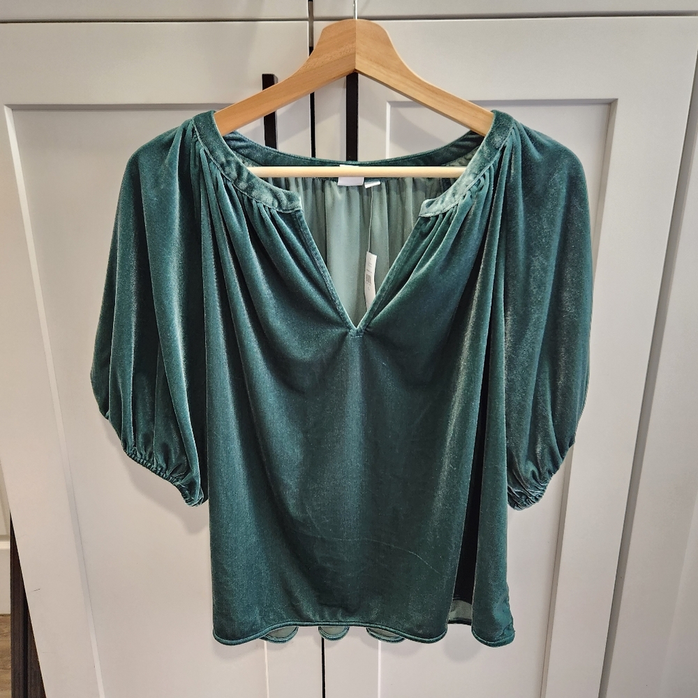 Gap Puff Sleeve Green Velvet Relaxed Split Neck Top Size Large - Picture 3 of 9
